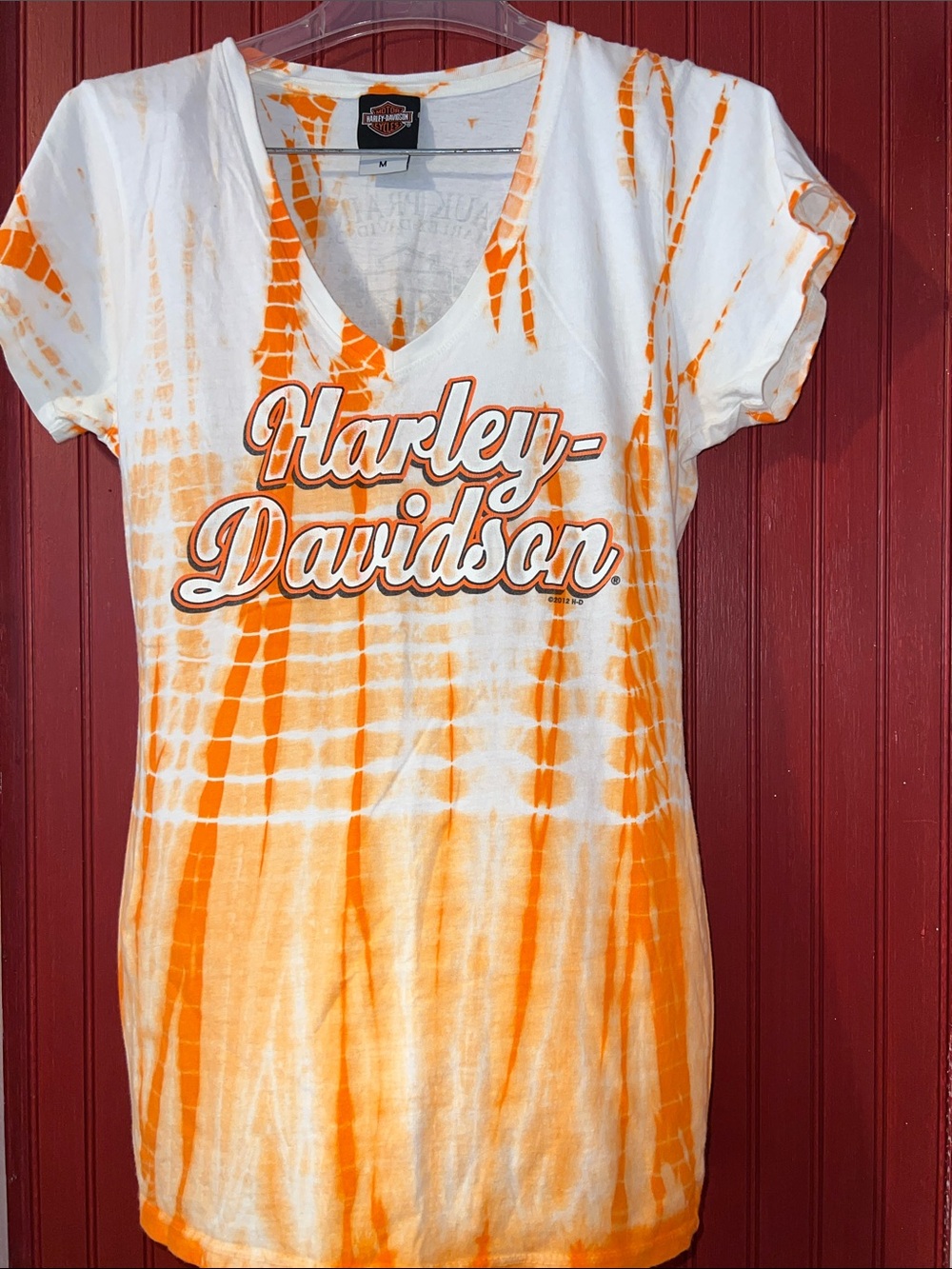 Harley-Davidson 2012 White & Orange Tie-Dye V-Neck Sauk City, WI Med